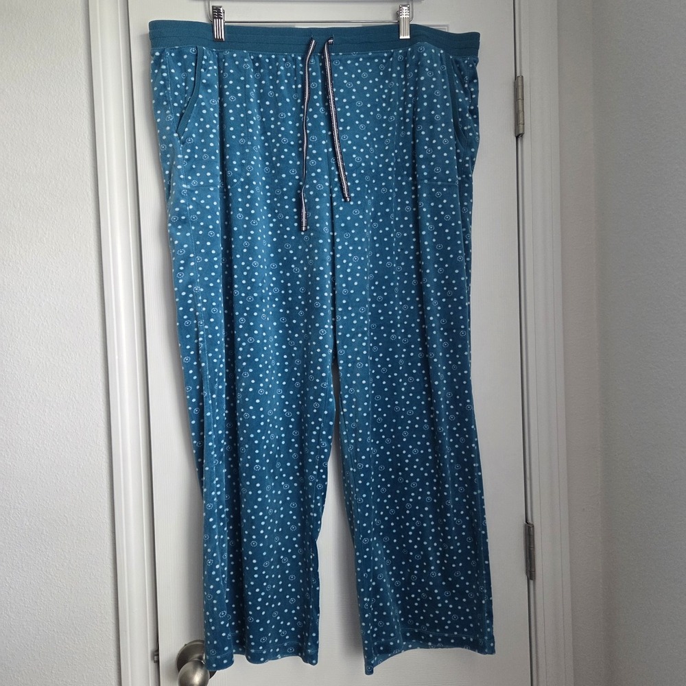 Nautica Womens Pajama Pants 2XL Teal Blue Fleece Polka Dot Sleepwear Wide Leg